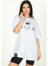 Resim Nice Baskılı Oversize Tshirt Beyaz-beyaz Beyaz 