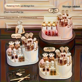 Resim 360° Dönebilen 5 Bölmeli Makyaj Organizatörü – Beyaz, Pembe ve Krem Renkli Kozmetik Saklama Kutusu, Fırçalar, Oje, Ruj ve Sanat Malzemeleri İçin İdeal – Banyo Tezgahı veya Masaüstü Dekoru | Nötr Dekor | Şık Tasarım 