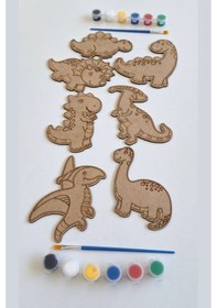 Resim Boya, Eğlen, Keşfet - Çocuklar İçin Eğitici 7 Parça Dinazorlar Ahşap Boyama Seti 