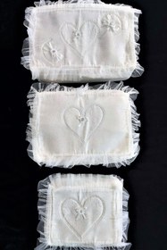 Resim Çt Çeyizci Tekstil Çeyizlik Kalp Figürlü Desenli Kumaş Krem 3lü Bohça, Nişan Gelin Damat Hurcu 3lü 