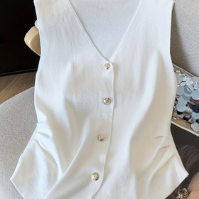 Resim Kadınlar için Kolsuz V Yaka Hırka Üstü - Hafif Yazlık Yelek, Ön Düğme Kapatma, Rahat Düz Renk Tasarımı, Kadınlar için Hırka ve Kazaklar, Konforlu Moda, Zarif El Sanatları 