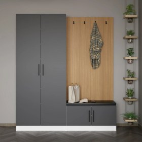 Resim Minar Kale Dekor Panel 2 Kapaklı 2b Raf Portmanto + Ayakkabılık Minderli Beyaz Antrasit 