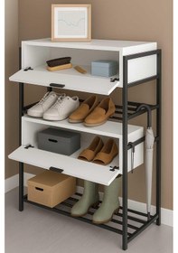 Resim Reyo Falez Ayakkabılık Ahşap 2 Kapaklı Metal Raflı 4 Katlı Çok Amaçlı Raf Dolap Beyaz Beyaz 