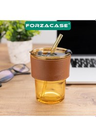 Resim Forzacase 350ml Isıya Dayanıklı Deri Şeritli Pipetli Borosilikat Cam Bardak Çay Kahve - Fc1141 Amber 