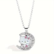 Resim 1pc Sanrio Hello Kitty Elegant Cute Crescent Moon Pendant Necklace with Rhinestones, Stainless Steel, for Daily and Party Wear, Valentine'S Day Gift, All Seasons 