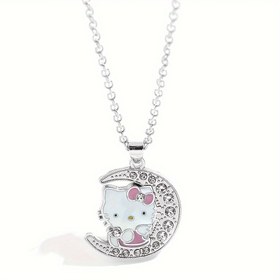 Resim 1pc Sanrio Hello Kitty Elegant Cute Crescent Moon Pendant Necklace with Rhinestones, Stainless Steel, for Daily and Party Wear, Valentine'S Day Gift, All Seasons 