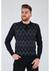 Resim Fulker Minimalist Geometrik Desen Erkek Uzun Kol Triko Kazak Lacivert 