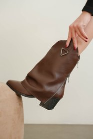 Resim MODAADAM Kadın Silver Kovboy Geniş Konç Çizme - Kahve-Deri 