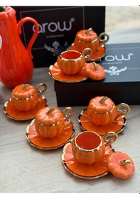 Resim 6 Kişilik Lüks Kabaklı Porselen Turuncu Kahve Takımı Turuncu 