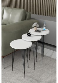 Resim Zigon Sehpa 3'lü Yuvarlak Siyah Tel Ayaklı Beyaz 