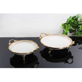 Resim Genel Markalar 5 PARCA AYAKLI DÖKÜM KENAR DETAYLARI MOTİFLİ PORSELEN SUNUM SETİ GOLD 