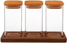 Resim 3'lü Ahşap Kayın Ağaç Standlı Kapaklı Akrilik Şekerlik Çerezlik Baharatlık Kahve Tuzluk Saklama Kabı 