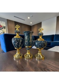 Resim Emerald Black Marble Dekoratif Vazo & Obje Seti Gold Detaylı Lüks Salon Aksesuarı 3 Lü 