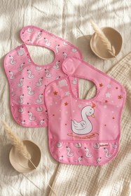 Resim DYZSTAR 2'li Bebek Mama Önlüğü Seti Pembe Kuğu Desenli Sıvı Geçirmez Kırıntı Cepli Kolay Temizlenir 