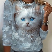 Resim Kadınlar için Günlük Uzun Kollu Yuvarlak Yaka Tişört - Mavi Taş Vurgulu, Kedi & Çiçek Desenli Baskı, Yumuşak Nefes Alabilen Kumaş, Makinede Yıkanabilir İlkbahar/Sonbahar Üstü, Bayan T-Shirtleri, Taş Detaylı Süslemeler 