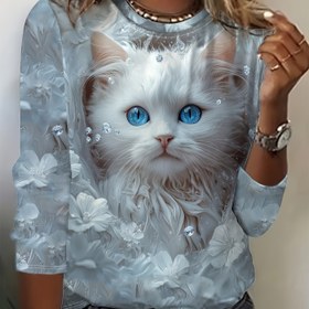 Resim Kadınlar için Günlük Uzun Kollu Yuvarlak Yaka Tişört - Mavi Taş Vurgulu, Kedi & Çiçek Desenli Baskı, Yumuşak Nefes Alabilen Kumaş, Makinede Yıkanabilir İlkbahar/Sonbahar Üstü, Bayan T-Shirtleri, Taş Detaylı Süslemeler 