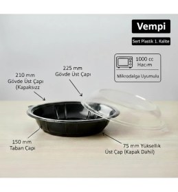 Resim Vempi 1000 cc Sızdırmaz Siyah Kase Şeffaf Kapak, 10 Adet - Sert Plastik - Mikrodalga Uyumlu, Salata -Pilav -Makarna 