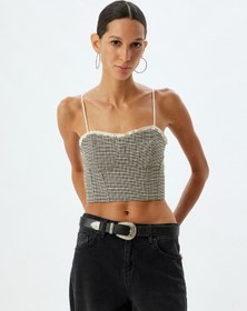 Resim Koton Askılı Crop Büstiyer Kalp Yaka Dantel Detaylı Slim Fit Kahverengi Ekose 5wak30002ew 