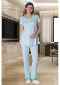 Resim Mecit Pijama Mecit 6000 Mavi Dantel Sabahlıklı Lohusa Pijama Takımı 