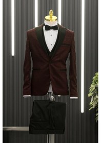 Resim Slimfit Skinny Kesim Şal Desenli Sivri Sabit Yaka Yelekli Papyonlu Smokin Takım Elbise 001 