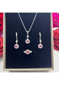 Resim Pembe Yuvarlak Taşlı Kadın 3'lü Set 925 Ayar Gümüş Zirkon Taşlı Gümüş 