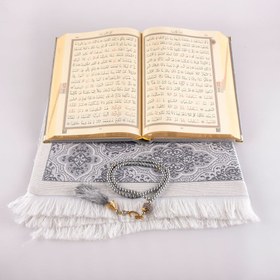 Resim Asetat Kutulu Gri Kadife Kuran-ı Kerim + Seccade 