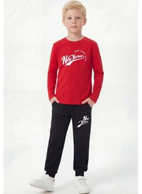 Resim Panios Kids 3'lü Yuvarlak Yaka Sweatshirt Siyah Eşofmanlı Baskı Detaylı 6 Parça Erkek Çocuk Alt Üst Takım Kırmızı - Lacivert 