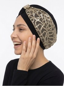 Resim elysianfidan Özel Tasarım Siyah-Bej Geometrik Desenli Astarlı Hazır Türban Tesettür Abiye Bone 