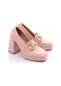 Resim Dgn 0951 Kadin Küt Burun Tokali Platform Topuklu Ayakkabi 0951-2216-R11645 Bej 