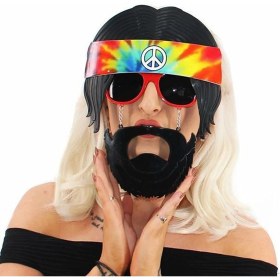 Resim Siyah Saçlı Bandana Tasarımlı Hippi Parti Gözlüğü 26X18 cm 