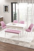 Resim Canisa Concept Zen Serisi 80x132 Mdf Açılabilir Beyaz Masa Takımı 4 Pembe Sandalye Ve 1 Bench 