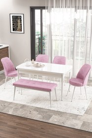 Resim Canisa Concept Zen Serisi 80x132 Mdf Açılabilir Beyaz Masa Takımı 4 Pembe Sandalye Ve 1 Bench 
