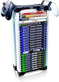 Resim ADZ Evrensel Oyun Tutucu - PS2 PS3 PS4 PS5 PSP Xbox 360 Xbox One Serisi X Wii Switch Oyunları DVD ve Blu-Ray Diskler için 23 Oyun Depolama Kulesi Rafı. 2 Denetleyici Yuvası İçerir 