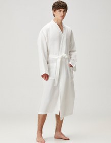 Resim Serenity Yıkanmış Keten Unisex Kimono Beyaz - Beyaz / XS 
