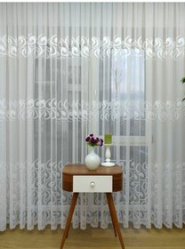 Resim Taç Dalga Desen Örme Tül Perde - Ekru 