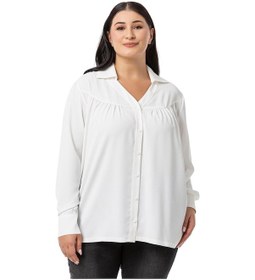 Resim Büyük Beden Yakalı Önü Büzgü Robalı Uzun Kol Beyaz Gömlek-beyaz Beyaz 