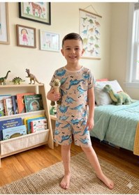 Resim Aliş Kids Erkek Çocuk Pamuklu Bej Rengi Dinozor Desenli Kısa Kollu Şortlu Yazlık Pijama Takımı Bej Mavi 
