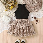 Resim [3 parçalık Yaz Kıyafeti Seti Kızlar için] 3 parçalık KBHNJPALL Şık Polyester Karışımı Kalem Etek Seti, Kolsuz katlı Tabaka Etek ile Düz Renkli Askılı Üst, Diz Yüksek Yaz Kıyafeti, Az Esnek, Minik Kızlar için, Kuşak veya Göğüs Pedi Yok 