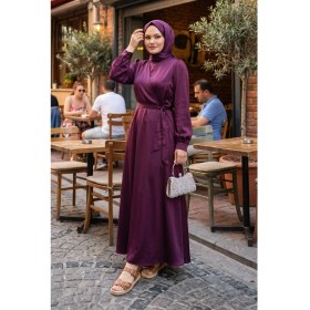 Resim Modestim Kadın Mürdüm Saten Tesettür Abiye Elbise Uzun Kollu Kuşaklı Düğün Nişan Özel Gün Tesettür Elbise 