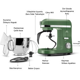 Resim Karaca Mastermaid Chef Pro 1750W 5,9 Lt Çift Kollu Paslanmaz Çelik Stand Mikser, Zero Side Tech, Zümrüt Yeşili 