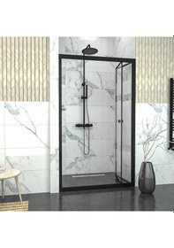 Resim Tekno Duş Black Corina Akordion Kumlamalı Cam Duşakabin Şeffaf 