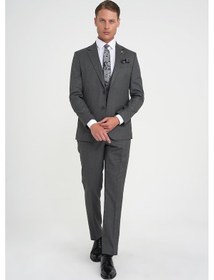 Resim Efor Slim Fit Çift Yırtmaç Balıksırtı Desenli Yelekli Füme Takım Elbise Tk 923 Füme 