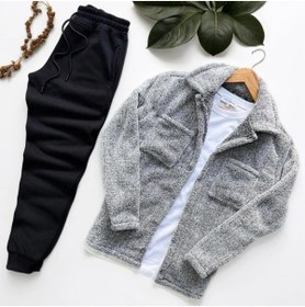 Resim Fifty Color Unisex Pelüş Gri Ceket Ve Siyah Eşofman Kombini Alt Üst 