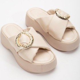 Resim Büyük Tokalı Kalın Taban Cilt Bej Kadın Dolgu Topuk Terlik-3003-Bej 