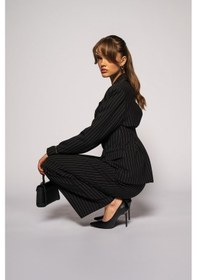 Resim Kadın Siyah Pens Detaylı Çizgili Blazer Siyah 