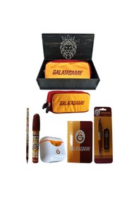 Resim Galatasaray Orjinal Lisanslı Beyaz Air Kalemtraş Ahşap Kutulu 6'lı Kırtasiye Seti Sarı - Kırmızı 