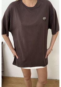 Resim Giysa Kadın Bisiklet Yaka Nakışlı %100 Pamuklu T-shirt Kahverengi - 26y 26507 