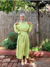 Resim Butik Moda Etkm002 Üstü Bağlamalı Eteği Yandan Fermuarlı Takım F. Yeşili 001 