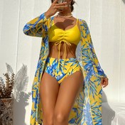 Resim 25SS Yaz Trendi, 3 Parça Moda Tropikal Baskılı Büzgülü Bikini Üst ve Sarı Tropikal Desenli Alt, Çok Renkli Püsküllü Kimono Bikini Takımı, Yaz Karnaval Plaj 