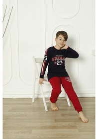 Resim Yeni Sezon Erkek Çocuk Gez Garson Uzun Kollu Pamuk Penye Pijama Takımı 5084-lacivert Lacivert 